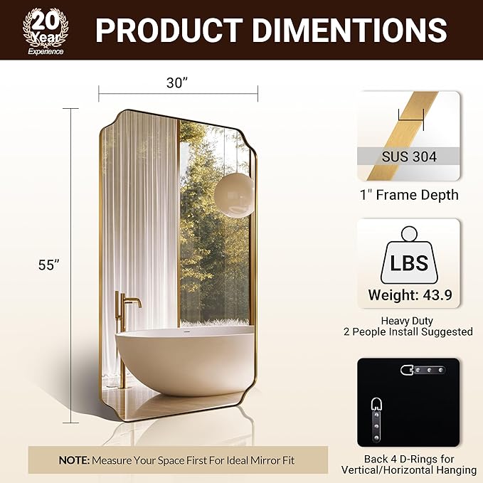 ANDY STAR 30"x55" Large Bathroom Mirror, Gold Scalloped Mirror for Bathroom, Brushed Brass Full Length Wall Mirror with Rust-Proof Stainless Steel Frame, Hangs Vertically or Horizontally