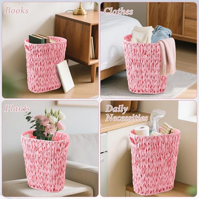 Bathroom Accessories Set, 25PCS Wicker Bathroom Accessory Set with Shower Curtain, Bath Mat, Soap Dispenser, Handwoven Trash Can & Rattan Tissue Box (Pink, Bath Set+Shower Curtain+Rugs)