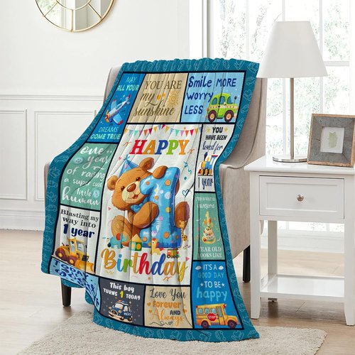 CIUGOIG Happy 1st Birthday Blanket - Soft 50"x40" Gift for One Year Old Boys | Adorable Teddy Bear Design