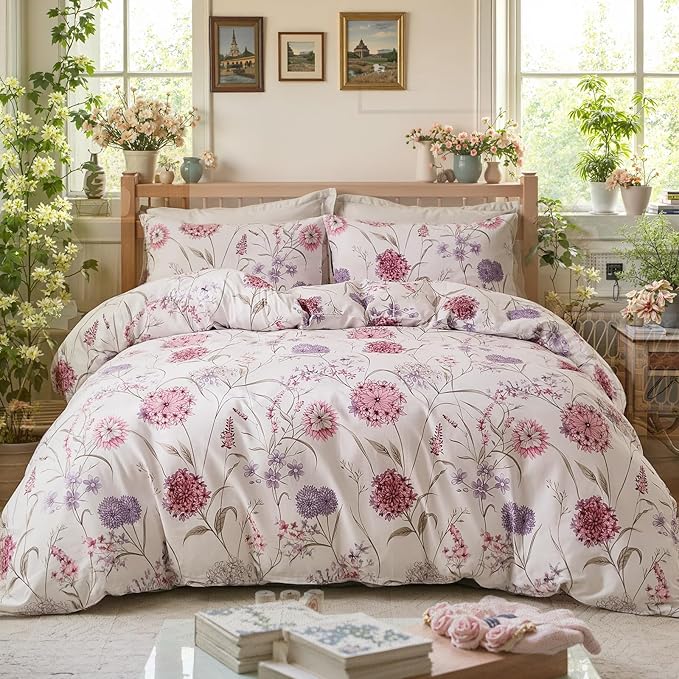 Bedding_Dreamer King Floral Comforter Set 100% Cotton Comforter 3 Pcs Red Pink Flower Bedding Set Lightweight Soft Reversible Bedding for All Season