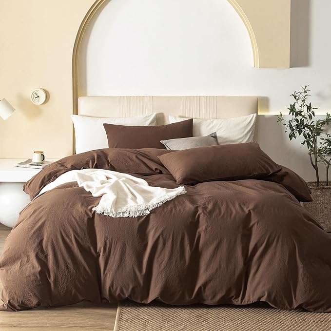 JIYUAN 100% Washed Cotton Duvet Cover Set 3 Pieces Oversized King, 1 Duvet Cover 120x98 Inches(Comforter Not Included) and 2 Pillowcases,Linen Feel Bedding Set Comfy and Breathable,Chocolate Brown