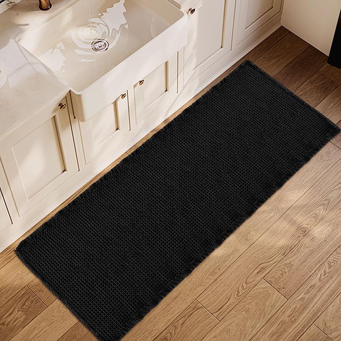 ZALL Waffle Bath Mat Black Super Absorbent Non Slip Bathroom Rug,Rhombus Geometric 24X60inch,Machine Washable Ultra Soft Floor Mats