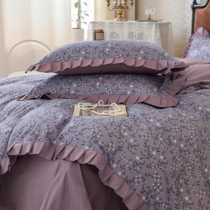 Purple Ruffle Duvet Cover King 100% Cotton Daisy Flower Comforter Cover Boho Cottagecore Bedding Set Vintage Floral Quilt Cover Romantic Ruffle Comforter Cover Botanical Floral Duvet Cover Set King