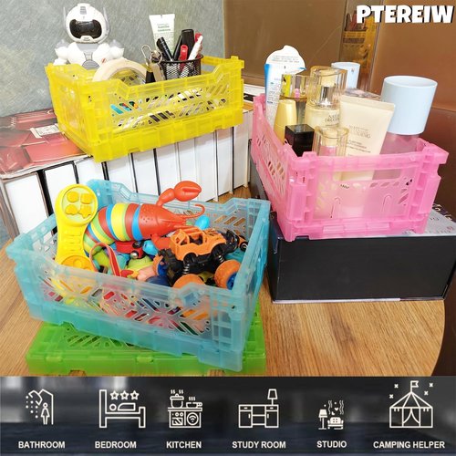 Pastel Plastic Storage Crates by [Brand Name] - 4-Pack Collapsible Bins for Organizing | 4L Space-Saving Design