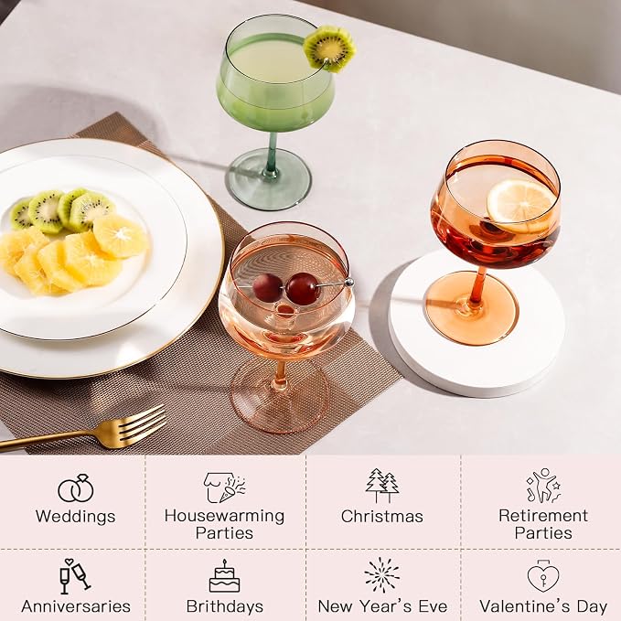 JOVGANK Colored Coupe Glasses Set of 6, Hand Blown Colorful Martini Glasses 13Oz, Champagne & Cocktail Luxury Glasses, Bar Manhattan and New Year Glass, Mother's Day Gift for Ice Cream Dessert