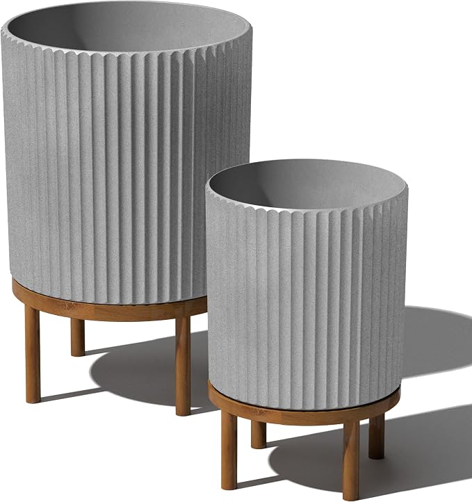 Veradek Demi Series Round Planter w/Stand for Porch/Patio | Durable Plastic-Stone Composite & Wooden Stand | Modern Décor for Tall Plants, Flowers