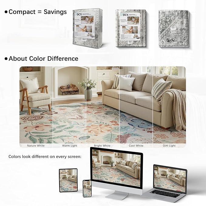 DCX Beige Floral Rug 3x5, Washable Beige Rug for Living Room, Kid & Pet Friendly with Rubber Back Non Slip, Soft Low Pile Carpet, Stain Resistant Rug for Bedroom, Nursery, Dining Room
