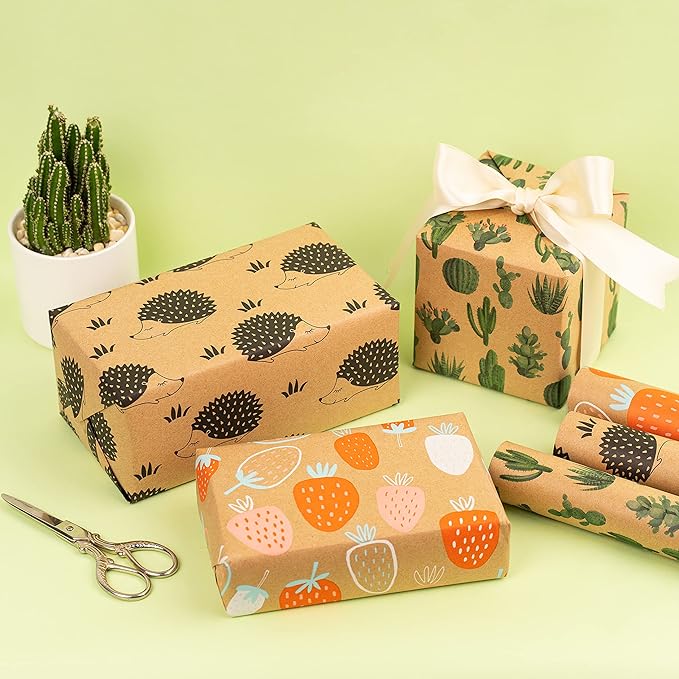 MAYPLUSS Kraft Wrapping Paper Roll - 3 Mini Roll - 17" X 120" Per roll - Fruit/Cactus/Hedgehogs Design (42.3 sq.ft.ttl)