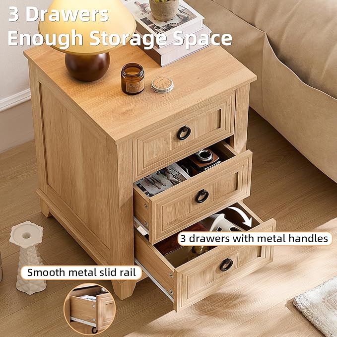 18" Farmhouse Night Stand with 3 Drawers, Wood End Table for Bedroom, Natural Wood Nightstand, Bed Side Table with Metal Handle, Bedside Cabinet for Bedroom Living Room
