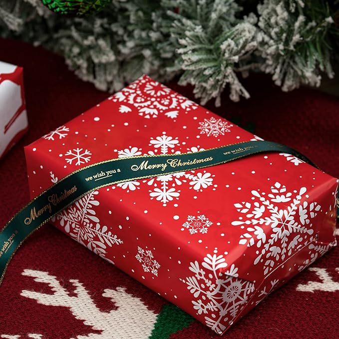 MAYPLUSS Christmas Reversible Wrapping Paper - Mini Roll - 17 Inch X 32.8 Feet- Red Green Reindeer Design (47.3 sq.ft.ttl)