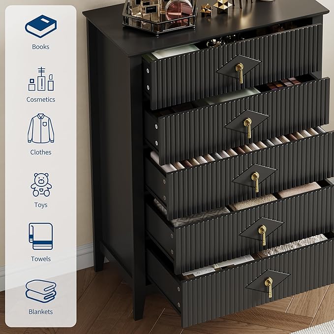 GarveeHome Fluted Dresser for Bedroom, 42.9" Tall 5-Drawer Wood Dresser, Modern Chest of Drawers, Storage Organizer Cabinet for Living Room, Hallway, Entryway, Black