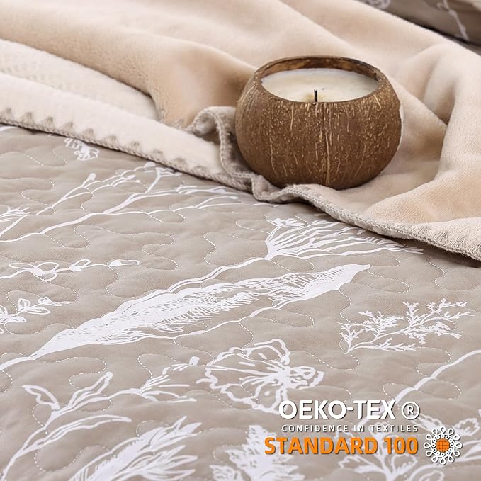 JANZAA Quilt King Size Oatmeal Quilt Bed Spread Boho Quilt with Floral Pattern Microfiber Quilts Set 3 Pieces Lightweight Comforter Reversible Bedding Set 1Quilt（104x90 inches） and 2 Pillow Cases