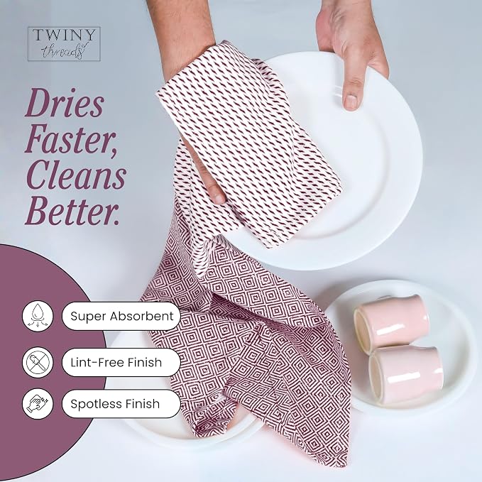 TWINY threads Kitchen Towel Diamond Pattern, Premium Kitchen Linen Set, 100% Cotton Wash Rags, Absorbent Quick Drying Cloths, Washable Reusable Multi Purpose, Set of 4, 18x26 Inches, Burgundy Wine