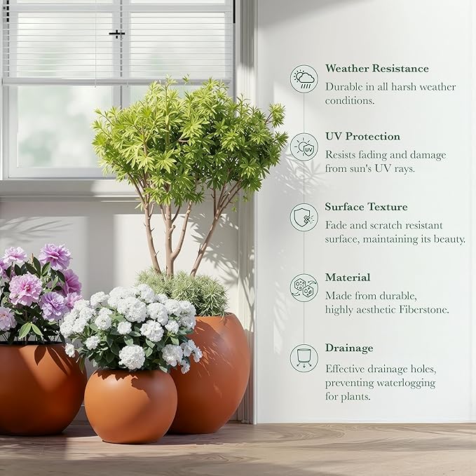 DTY Signature Mount Sherman Modern Indoor Outdoor Fiberstone Sphere Planter, Durable Round Garden Pot, Weather Resistant, Drainage Hole & Rubber Plug, Planter for Christmas Tree - Small, Terracotta