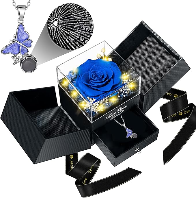 DRTINA Preserved Blue Real Rose with I Love You Butterfly Necklace-Eternal Flowers Rose Birthday Gifts for Women Wife Mom Girlfriend Grandma on Mothers Day Valentines Anniversary Christmas Romantic