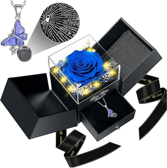 DRTINA Preserved Blue Real Rose with I Love You Butterfly Necklace-Eternal Flowers Rose Birthday Gifts for Women Wife Mom Girlfriend Grandma on Mothers Day Valentines Anniversary Christmas Romantic