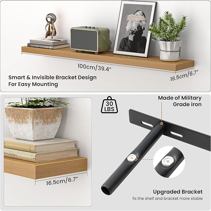 Heimlove Floating Shelves for Wall 40 Inch,Mounted Storage & Display Hanging Shelf with Invisible Brackets,for Bedroom,Living Room,Kitchen,Office,Set of 2,Oak Color