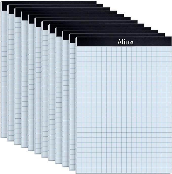 Alitte Graph Paper Pad, Pack of 12, White Letter Size - 2x2 Quad Grid Paper, Easy-Tear Perforations, 8.5 x 11 Cardboard Backing - Graph Notepads for School, Office -50 Sheets per Pad