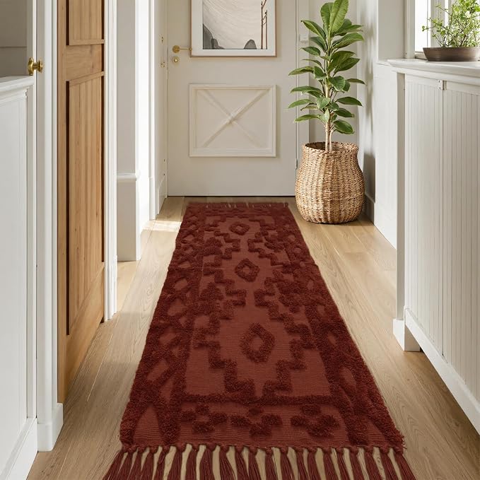 Uphome Boho Runners for Hallways 2' x 6', Washable Farmhouse Entryway Runner Rug, Cotton Tufted Bedroom Runner Rugs, Bohemian Tribal Throw Aesthetic Rug for Kitchen Doorway Living Room, Terracotta