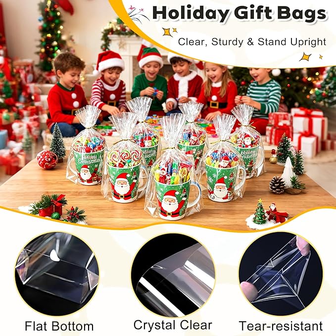 PigPotParty Cellophane Bags 8"x11", 100 Pack Clear Gift Bags, Bottom Gusset for Stand-Up Display, Plastic Cellophane Gift Wrap, Ideal for Mugs, Goodies, Treats, Party Favors, Includes Gold Ties