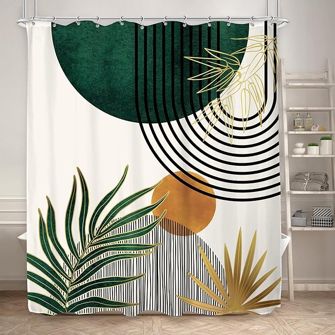 KOMLLEX Mid Century Green Boho Shower Curtain 72Wx84L Inches Abstract Modern Shower Curtains for Bathroom Plant Botanical Minimalist Leaf Arch Sun Fabric Liner Waterproof Polyester 12 Pack Hooks