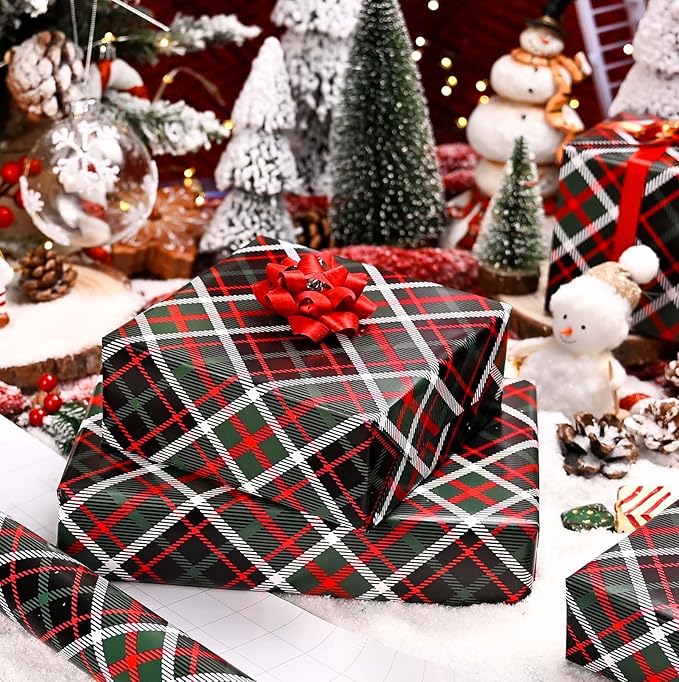 MAYPLUSS Gift Wrapping Paper Roll - 17 Inch X 33 Feet - Christmas Royal Green Plaid Design Winter Holiday gift Wrap Present Sheets for Christmas Birthday Baby Shower Party Festive Decoration