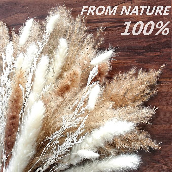Dried Flower Bouquet - Pampas Grass, Bunny Tails & Preserved Flowers - Boho Chic Home Decor, Rustic Wedding Centerpiece, Farmhouse Style Arrangement, Long-Lasting Gift (113PCS)