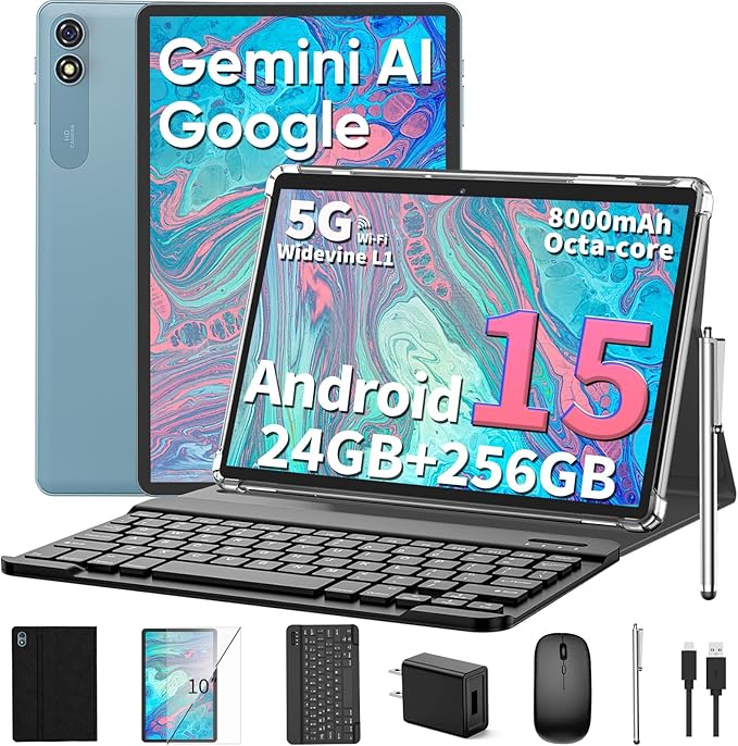 2026 10 Inch Tablet, Android 15 Tablet with Keyboard, 24GB+256GB+2TB Expand, 2-in-1 Tablets with 8-Core, 5G WiFi, 8000mAh, BT5.0, GMS, GPS, Gemini AI, Tablets PC with Mouse, Case, Stylus (Black)
