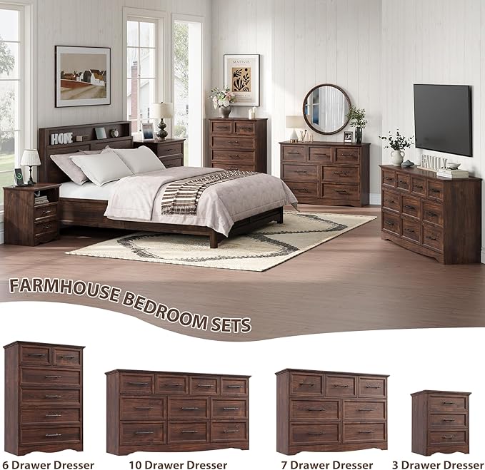 Walnut Dresser for Bedroom, Modern 6 Chest of Drawers, 44" Tall Dresser with Brushed Metal Handle, Wood Closet Organizers and Storage Cabinet for Bedroom, Living Room, Hallway