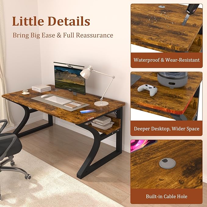 AZN Computer Desk, 55'' Computer Desk, Home Office Desks w/Storage, Home Office Desks w/U-Size Metal Frame for Home Office Bedroom, Study Writing Work Table w/Water-Resistant, Scratchproof Surface