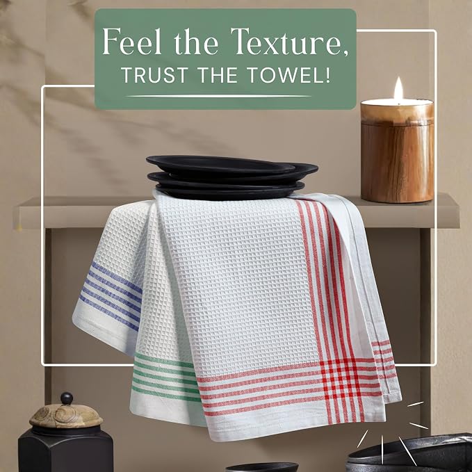 Waffle White & Multi Colors Kitchen Towels Set of 12, 100% Cotton, 16x26 inches, Durable Dish Towel, Quick Dry Dishcloths, Ideal for Drying, Wiping - Indigo Blue, Red, Dark Green