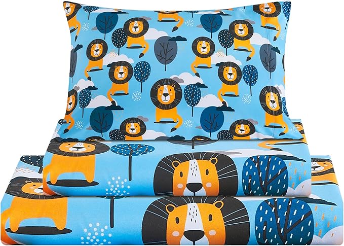 Viviland 3 Pieces Boys Blue Twin Sheet Set - Soft Microfiber Fitted Flat Sheets & Pillowcase - Lion Tree Bedding Sets - for Kids & Toddlers