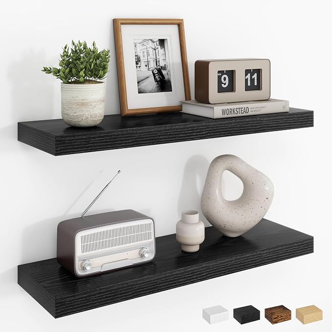 Dreamland 24Inch Floating Shelves for Wall, Rustic Wooden Black Floating Shelves for Bathroom|Bedroom|Kitchen, Deep Wall Mounted Book Shelf, Wood Storage Display Shelf for Home Decor, Set of 2