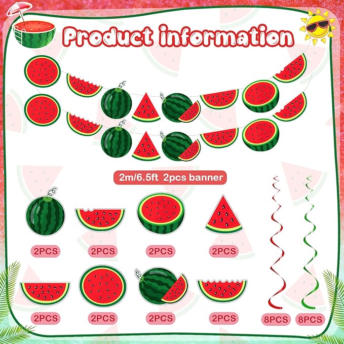 34 Pcs Summer Watermelon Party Decorations Watermelon Hanging Swirl Decorations Pre Strung Watermelon Banner Fruit Birthday Party Supplies for Summer Hawaiian Tropical Luau Beach Themed Party