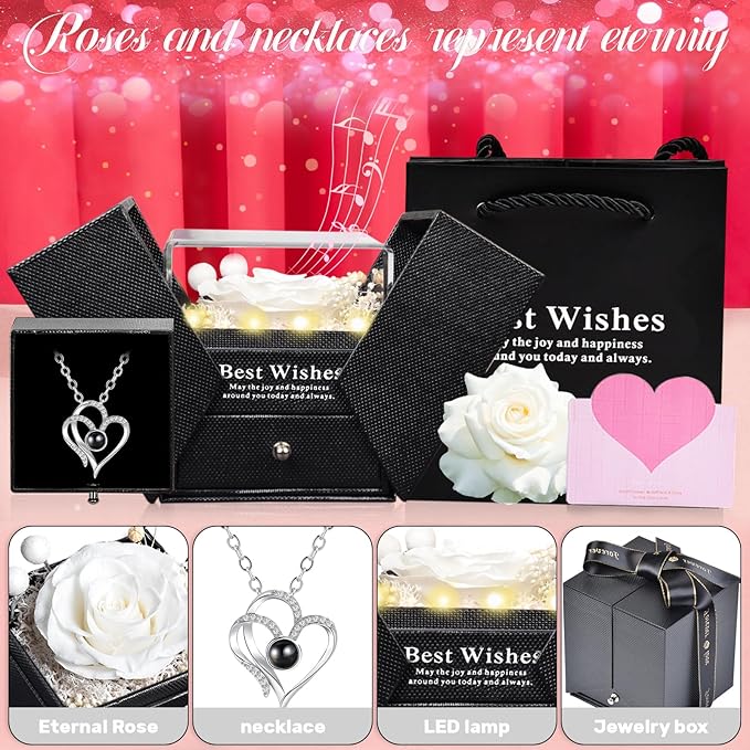 Christmas Birthday Gifts for Women - Preserved Real Rose with I Love You Heart 100-Language Necklace, LED Lights & Music Gift Box, Christmas for Women Girlfriend Mom