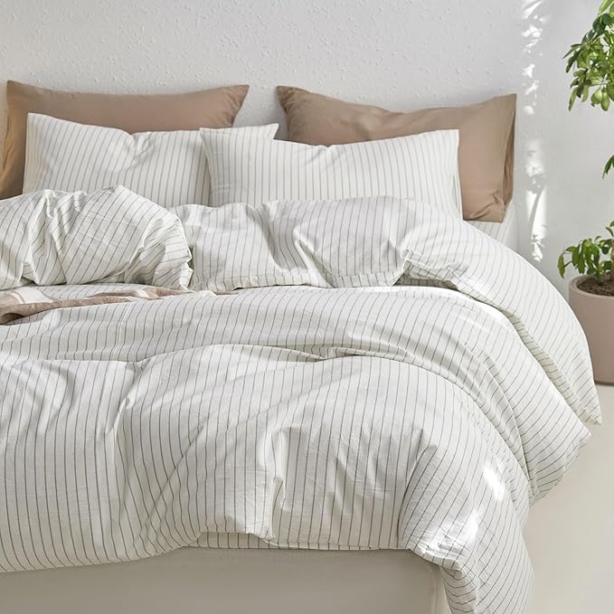 MooMee Striped Duvet Cover Set 100% Washed Cotton Linen Like Textured Breathable Durable Soft Comfy (White Sage Green Wide Stripes, Super King 108"x98")