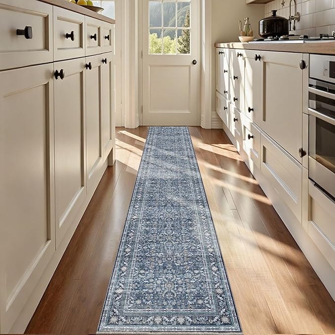 OPPODREAM Vintage Blue 2x12 Runner Rug, 2 x 12 Retro Washable Rug Non Slip, Low-Pile Faux Wool Carpet, Distressed Navy Floor Mat for Kitchen, Hallway, Entry-Way, Entrance, Indoor Back Door