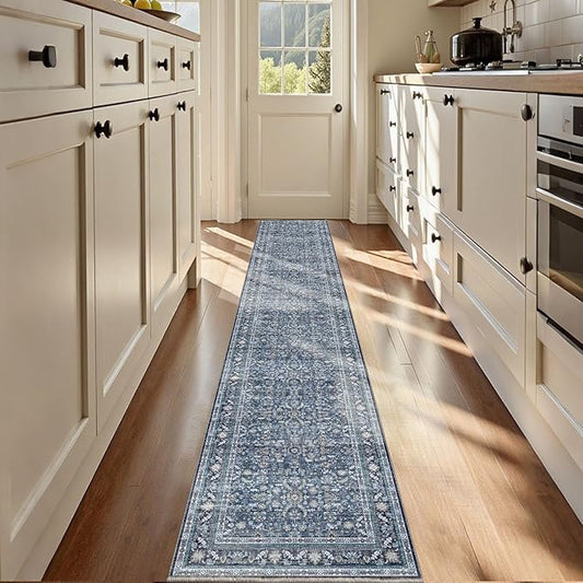 OPPODREAM Vintage Blue 2x12 Runner Rug, 2 x 12 Retro Washable Rug Non Slip, Low-Pile Faux Wool Carpet, Distressed Navy Floor Mat for Kitchen, Hallway, Entry-Way, Entrance, Indoor Back Door