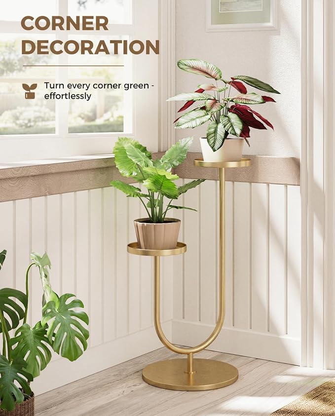 Bamworld Indoor Corner Plant Stands 2 Tier Plant Shelf for Tall Plant Holder Black Plant Shelves for Living Room Bedroom Midcentury Modern Home Decor(Gold)