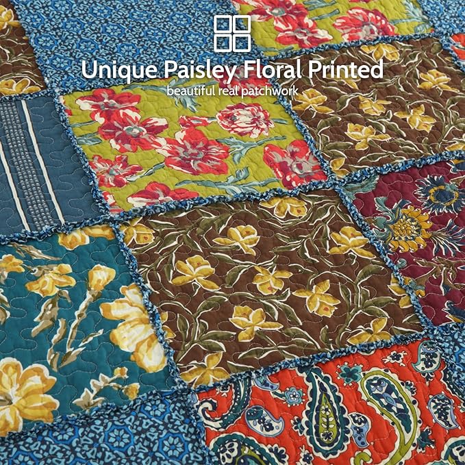 Yvooxny King Quilt Set Reversible Paisley King Size Quilted Bedspread Coverlet Set Country Farmhouse Cottage Quilted Bedding Set with Pillowcases for All Seasons, King Size, 108 * 96 Inches
