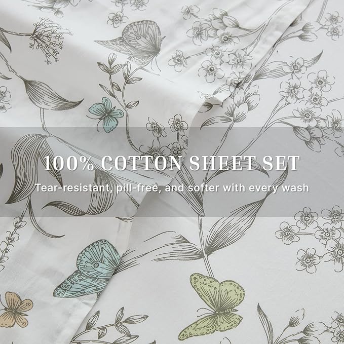 100% Cotton Sheet Set Queen Size – 4-Piece Chic White Floral Bedding Set, Soft Breathable Percale Weave, Deep Pocket Fitted Sheet 17.5", Crisp Cool Feel, Refined Botanical Elegance