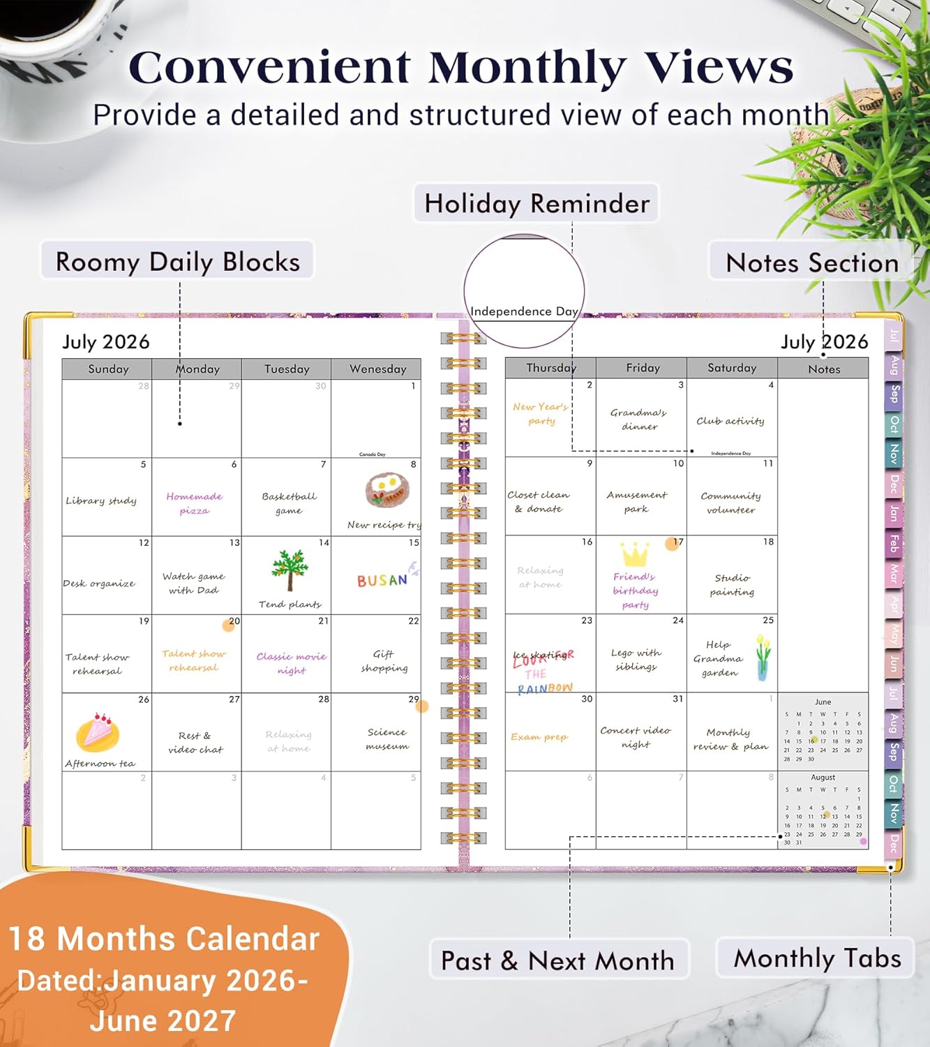 Academic Planner 2026-2027 | 18-Month Hardcover Weekly & Monthly Organizer - Large 8.5" x 11" Purple Marble
