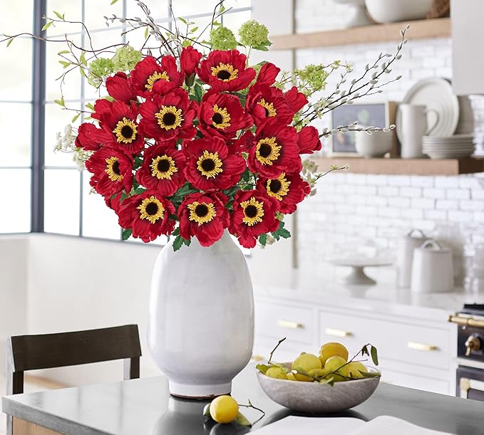 Hollyone 10 Heads Red Poppy Flowers Artificial 2Pcs Fake Poppies Flowers Bouquets with 7 Heads Full Bloom Poppy & 3 Buds Bouquet Stems Spring Sumer Faux Floral Flower Arrangement for DIY Home Decor