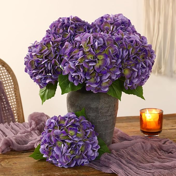 3Pcs Hydrangea Artificial Flowers, 22.44" Real Touch Latex Faux Hydrangea with Long Stems & Leaves for Home Office Decor or Wedding, Party, Centerpieces, Floral Arrangements (Purple)