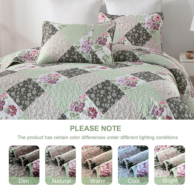 Dinjoy Floral Plaid Patchwork Quilt Set King Size, Reversible Green Bedding Set Soft Microfiber Lightweight Bedspread Coverlet 3 Piece Fall Autumn Summer Use (110x90 inches)