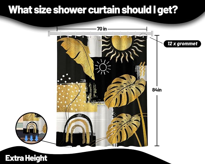 Black and Gold Mid Century Modern Shower Curtain Bohemian Abstract Dark Mens Shower Curtains for Bathroom Decor Sets, Waterproof Cloth Fabric with Hooks, 72x84 Inch