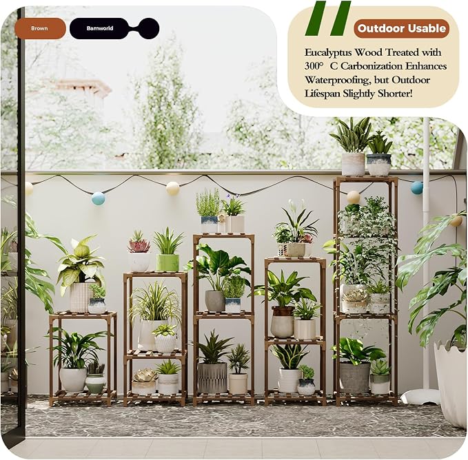 Bamworld Plant Stands Indoor 5 Sets Plant Shelves Outdoor Wooden Plant Holder for Multiple Plants Flower Stands for Living Room Balcony Garden Patio Lawn Window