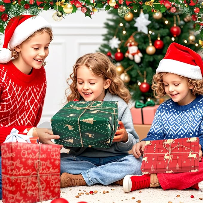 Panigkids Christmas Wrapping Paper Rolls, Red & Green Holiday Gift Wrap Featuring Reindeer, Snowflakes & Christmas Trees (17 inch x 17 ft) 4 Rolls Kraft Gift Wrapping Paper with Jute Twine