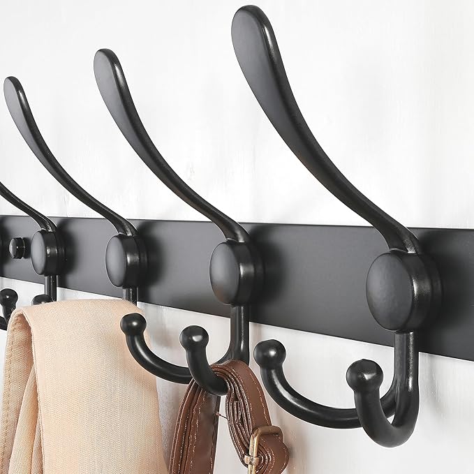 Dseap Coat Rack Wall Mount - 29.5” Long 8-Tri-Hooks Heavy Duty Coat Hanger Rail Wall Hooks for Hanging Coats Hats Clothing Clothes Purse Mudroom Entryway, Black