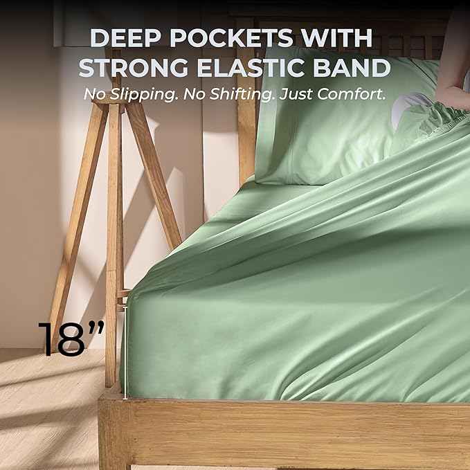 100% Natural Cotton Bed Sheets | 500 TC Single-Ply Sateen Weave Full Size Sheets | Soft, Breathable, Hypoallergenic Solid 4-Piece Bedding with Deep Pocket Fitted, Flat, Pillowcase | Sage